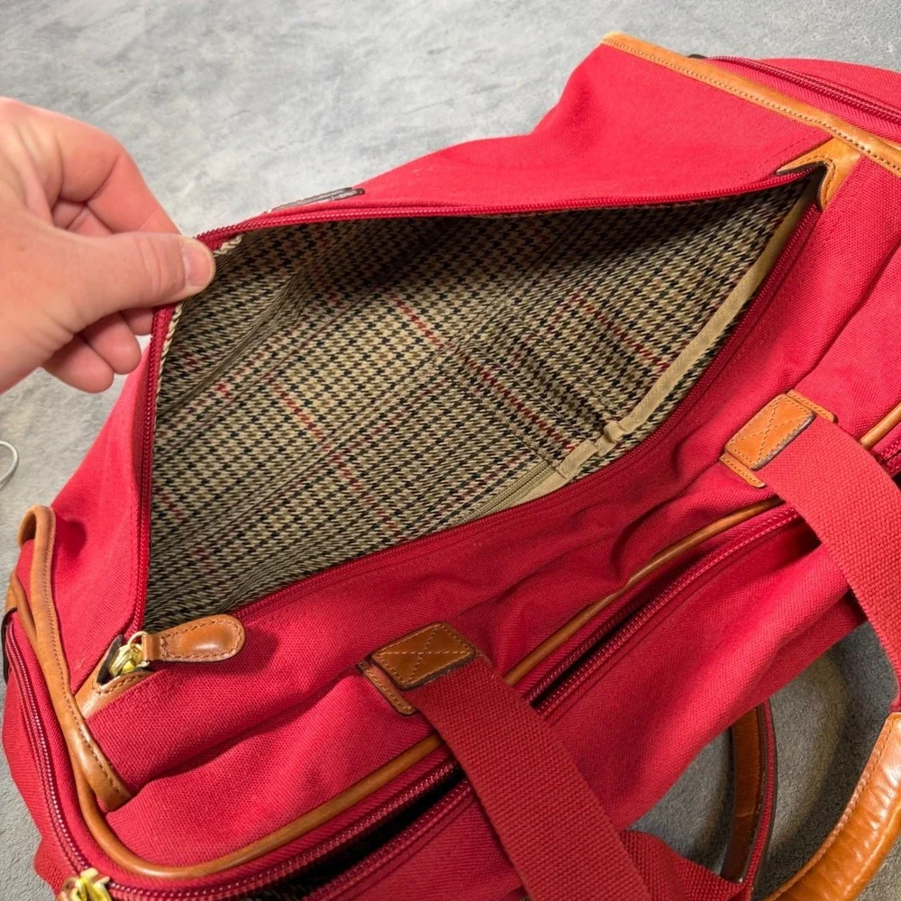 Lands End Red Canvas Duffle Bag Leather Trim Travel Carry On Weekender Luggage